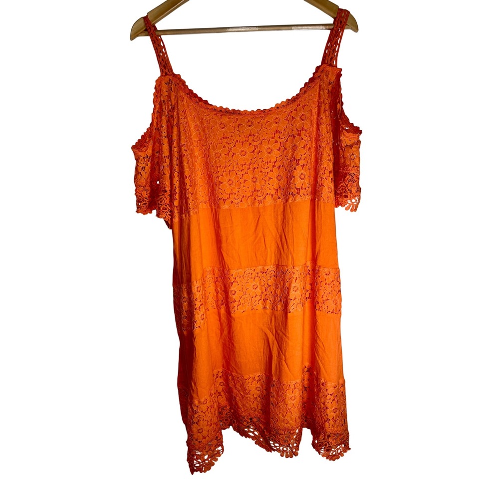 Boho Crochet Lace Dress XL Orange Cold Shoulder Floral Tiered Summer Festival